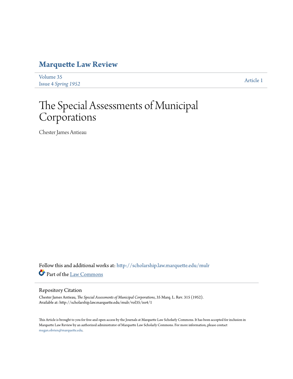 The Special Assessments of Municipal Corporations, 35 Marq