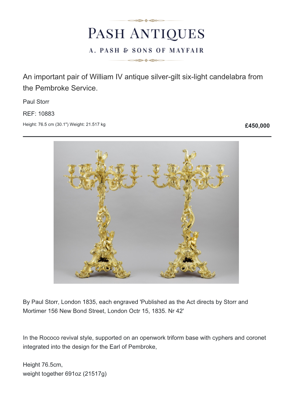 An Important Pair of William IV Antique Silver-Gilt Six-Light Candelabra from the Pembroke Service
