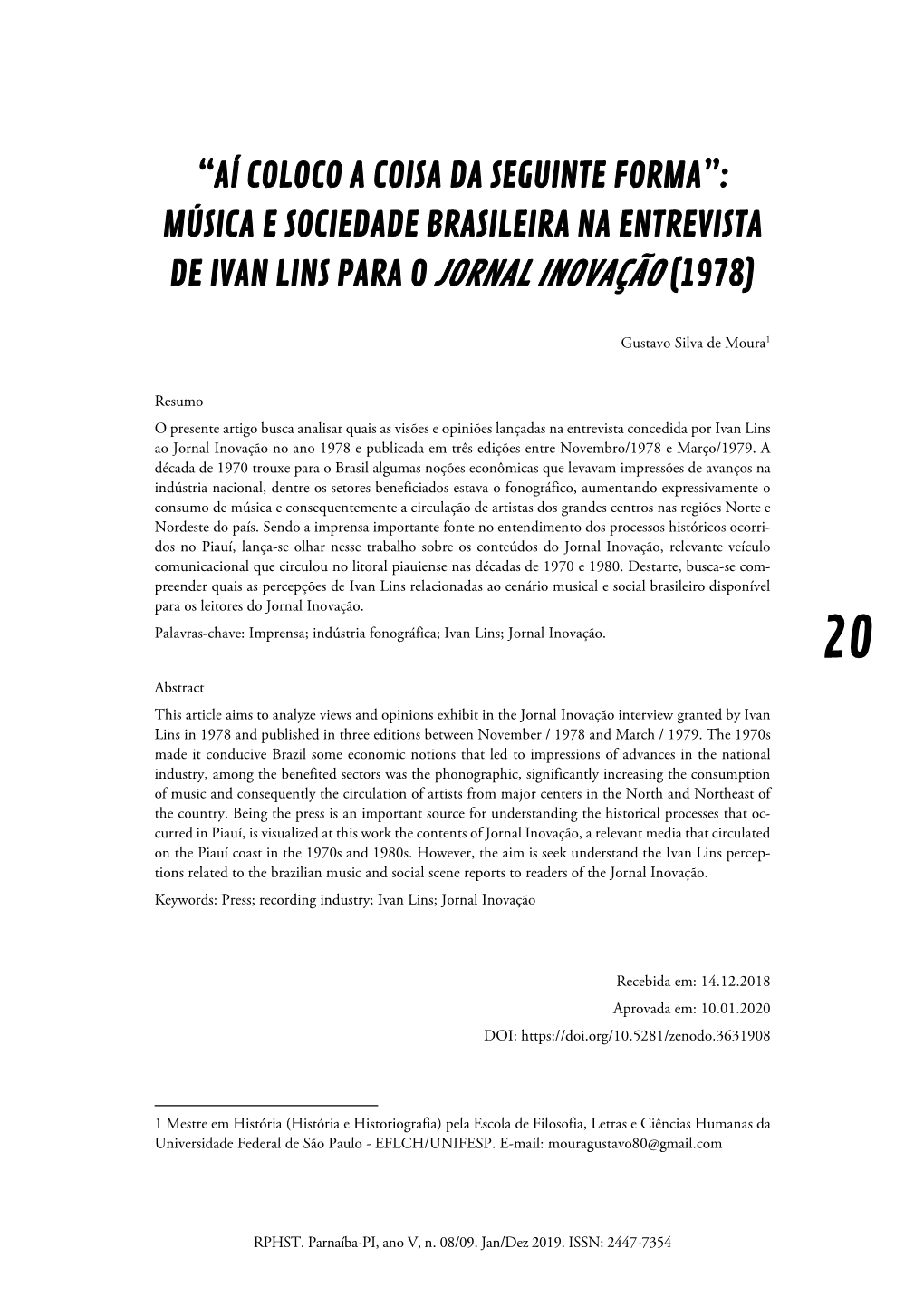 Música E Sociedade Brasileira Na Entrevista De Ivan Lins Para O Jornal Inovação (1978)