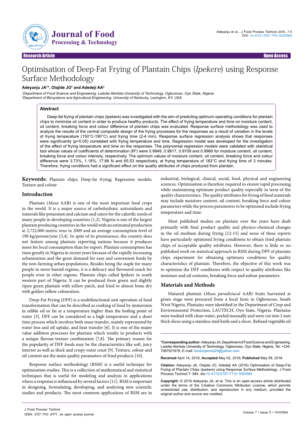 Optimisation of Deep-Fat Frying of Plantain Chips