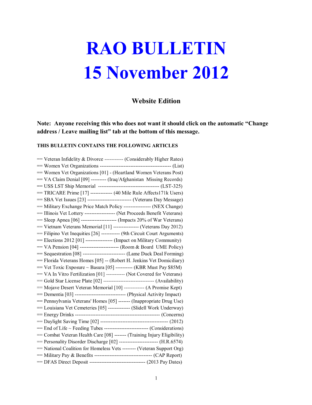 RAO BULLETIN 15 November 2012