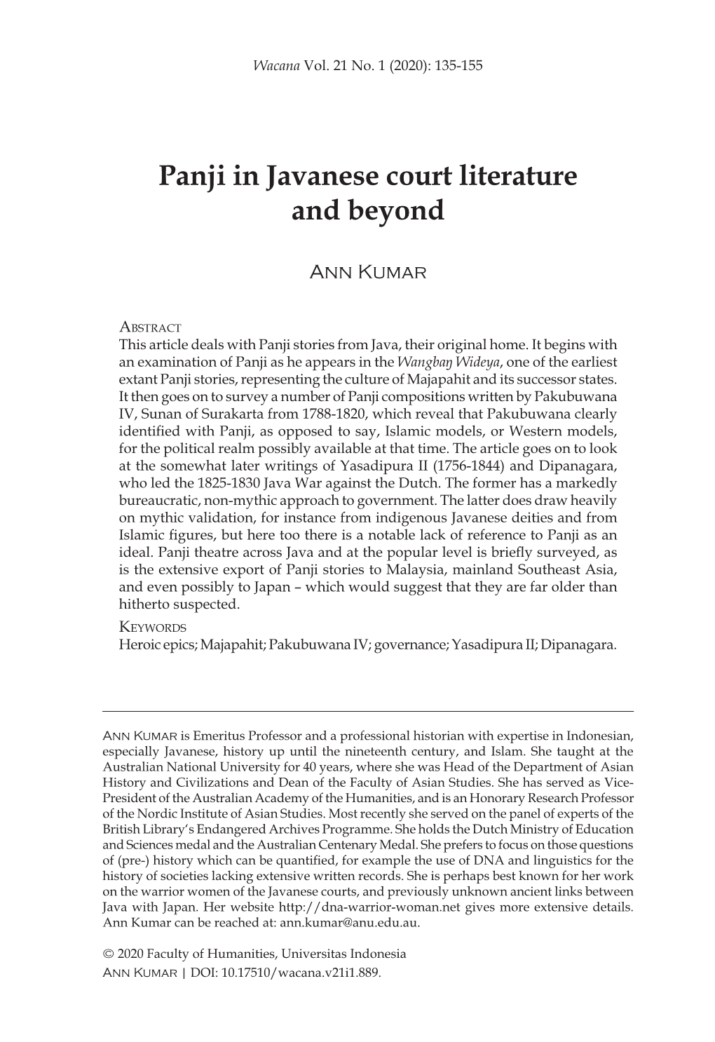 Panji in Javanese Court Literature and Beyond