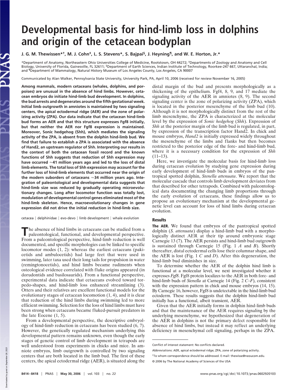 Developmental Basis for Hind-Limb Loss in Dolphins and Origin of the Cetacean Bodyplan