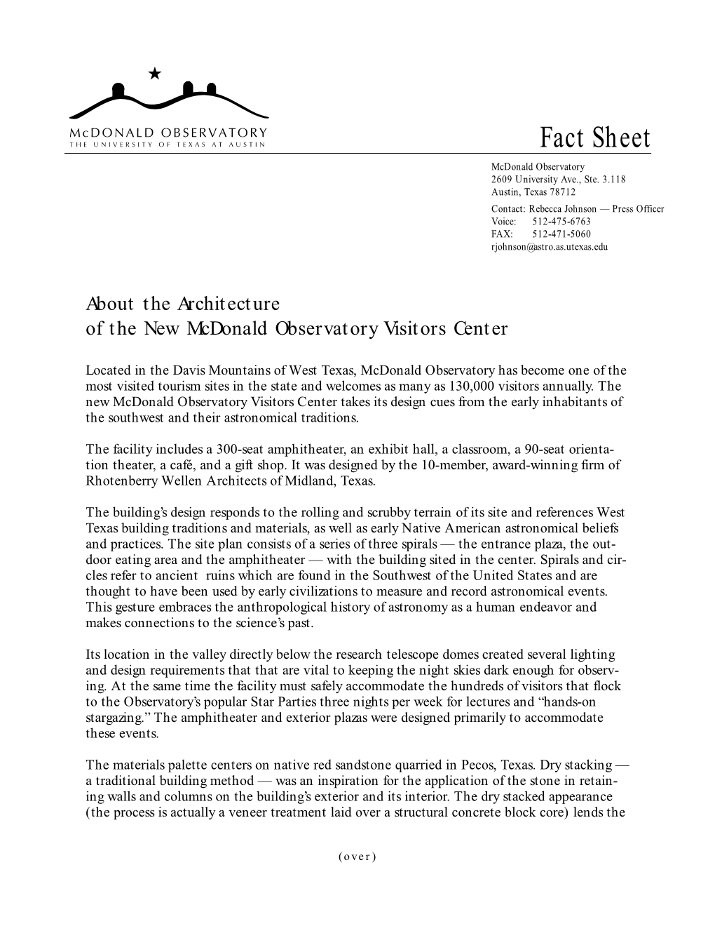 Fact Sheet Mcdonald Observatory 2609 University Ave., Ste