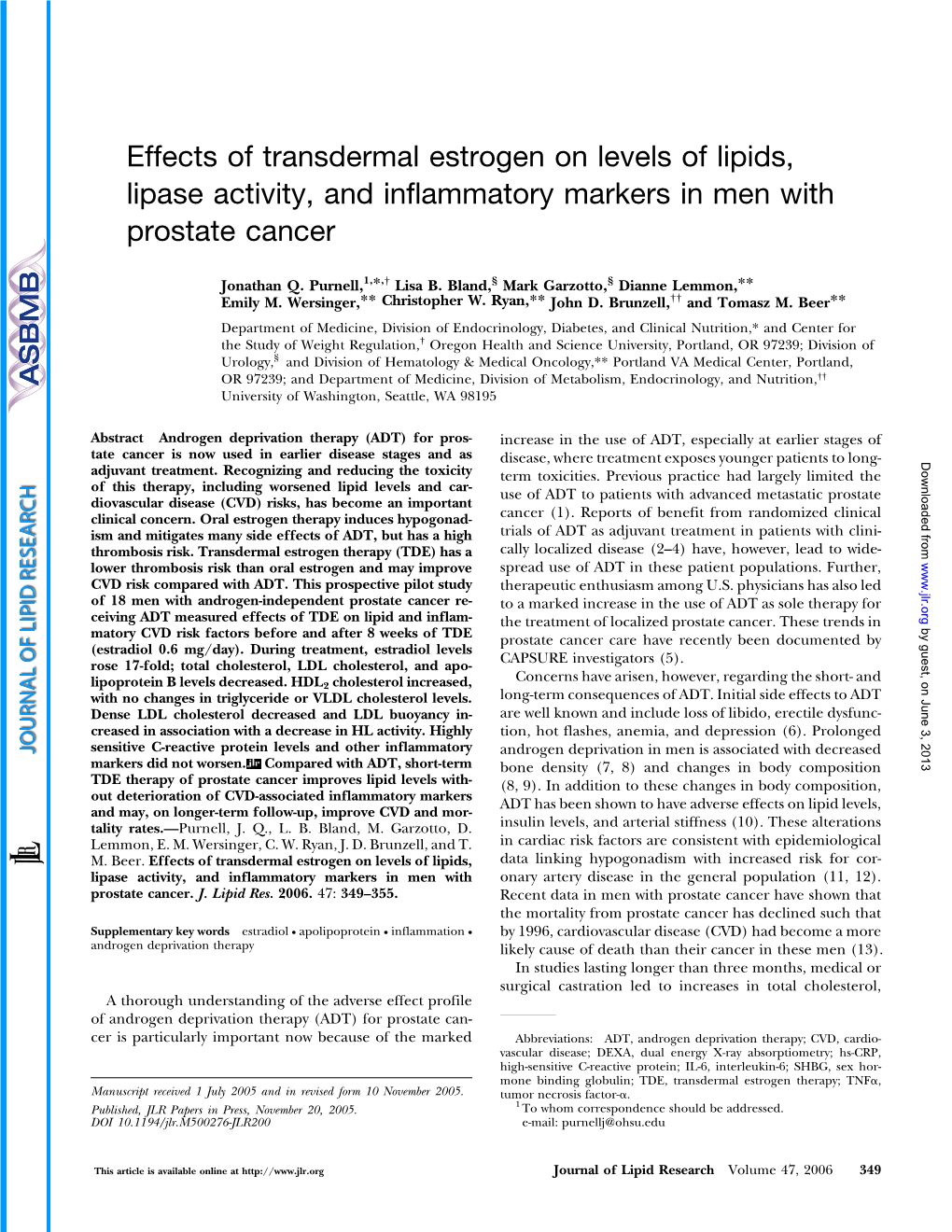 Effects of Transdermal Estrogen on Levels of Lipids, Lipase Activity, and Inflammatory Markers in Men with Prostate Cancer