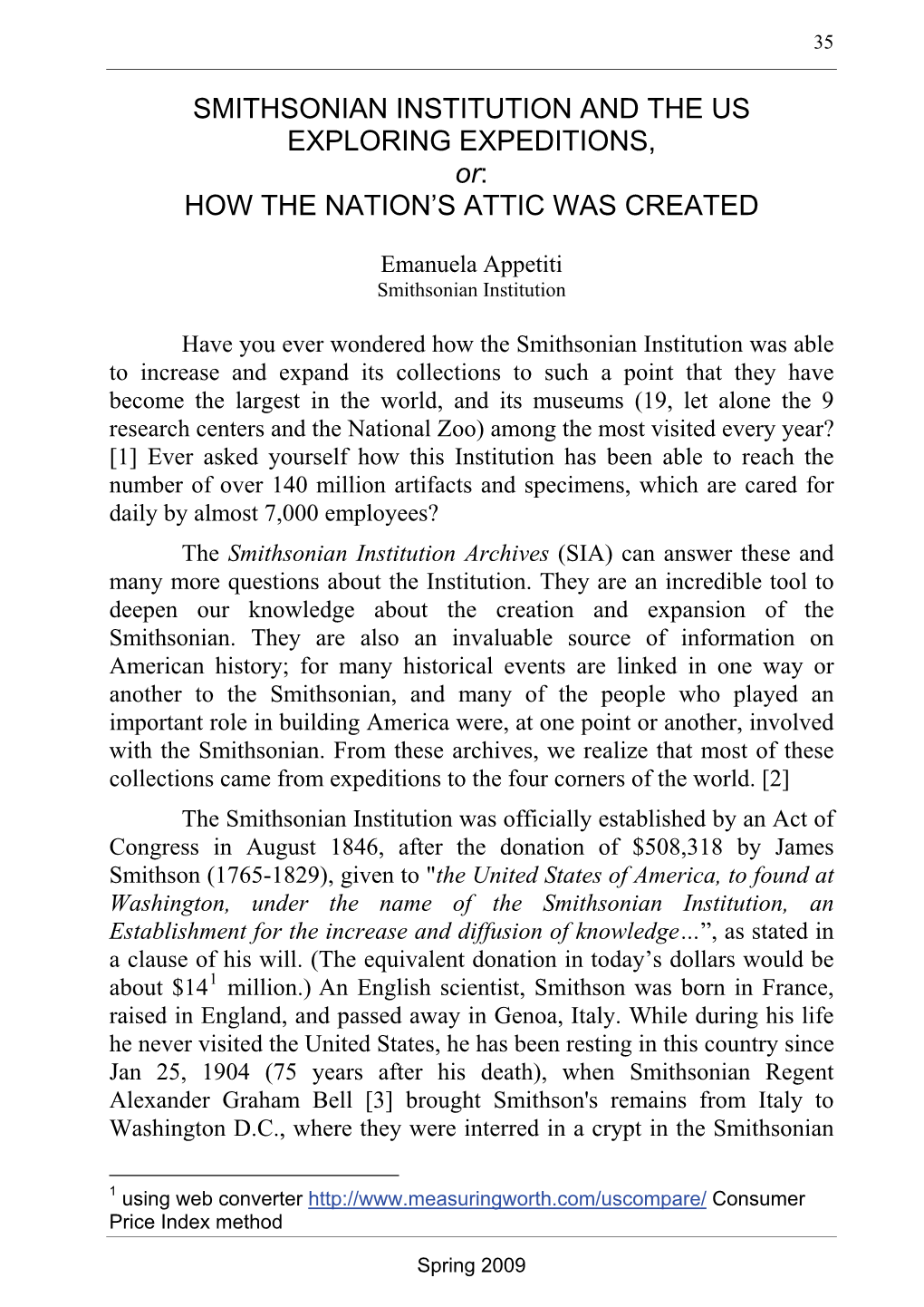 SMITHSONIAN INSTITUTION and the US EXPLORING EXPEDITIONS, Or: HOW the NATION’S ATTIC WAS CREATED