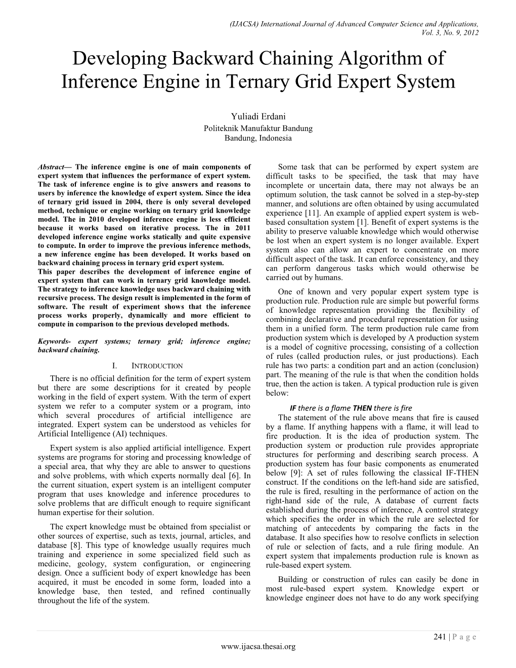 Developing Backward Chaining Algorithm of Inference Engine in Ternary Grid Expert System
