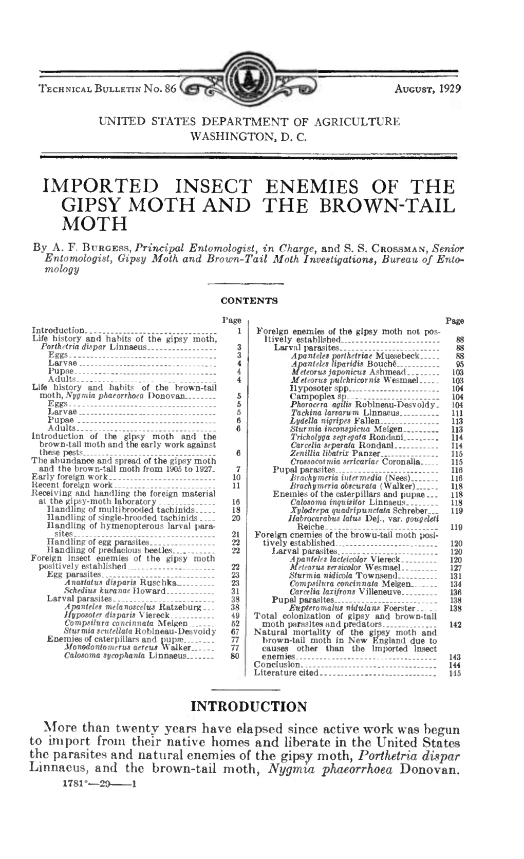 Imported Insect Enemies of the Gipsy Moth and the Brown-Tail Moth