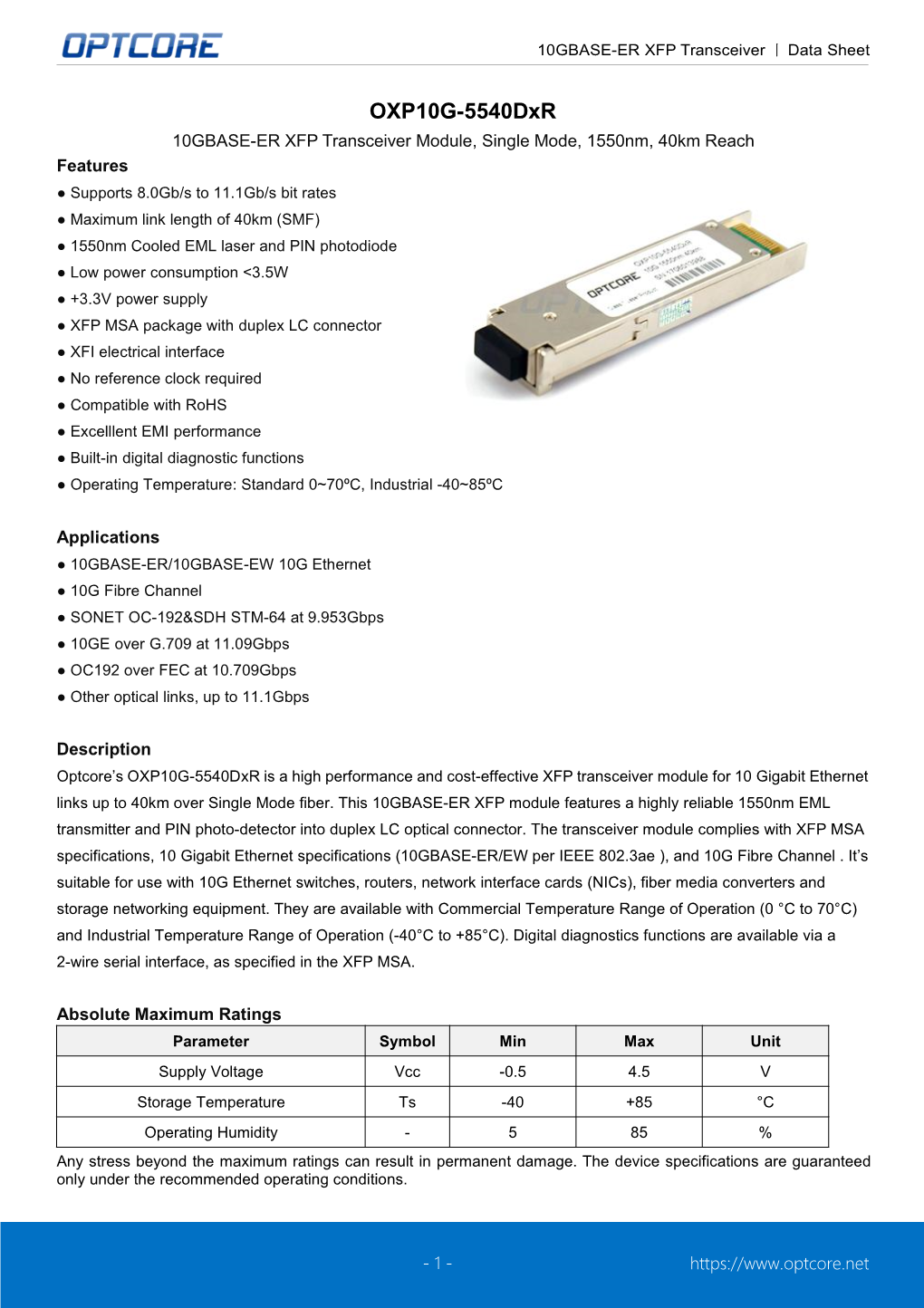 OXP10G-5540Dxr 10GBASE-ER XFP Transceiver Data Sheet