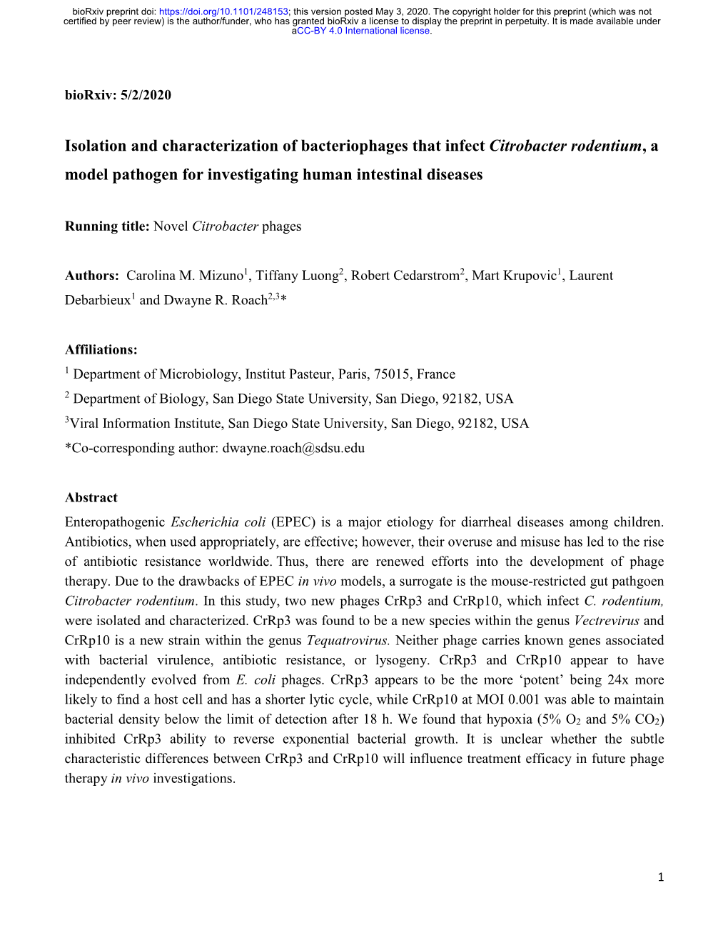 Isolation and Characterization of Bacteriophages That Infect Citrobacter Rodentium, a Model Pathogen for Investigating Human Intestinal Diseases