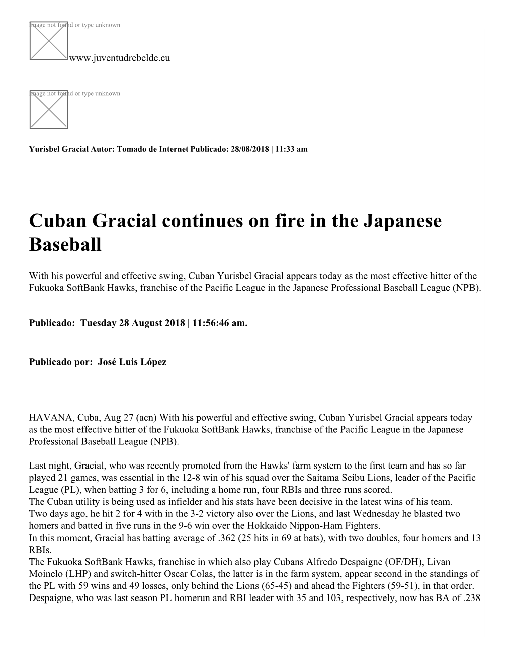 Cuban Gracial Continues on Fire in the Japanese Baseball