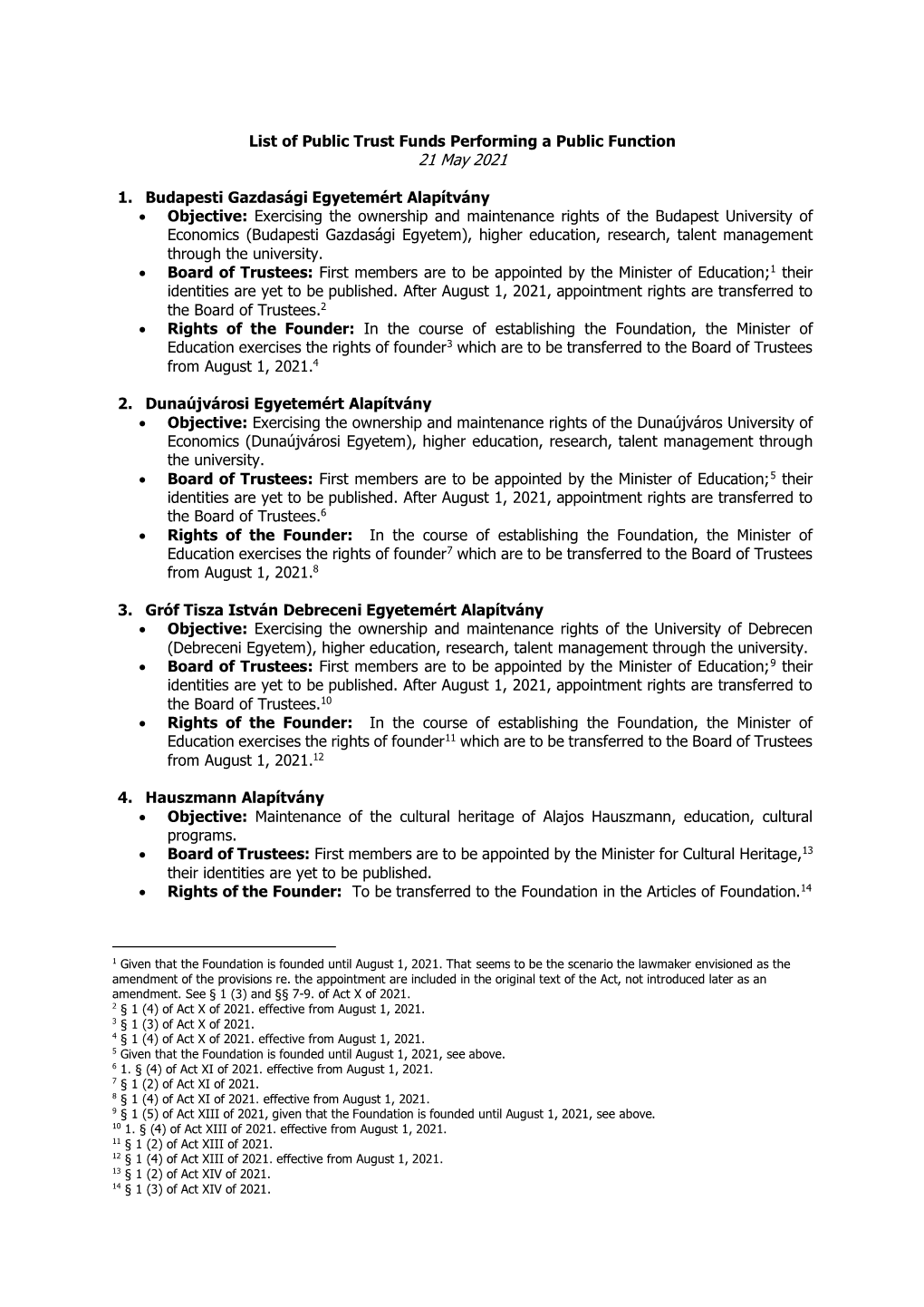 List of Public Trust Funds Performing a Public Function 21 May 2021