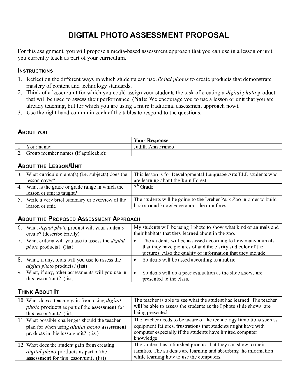 Digital Photo Assessment Proposal