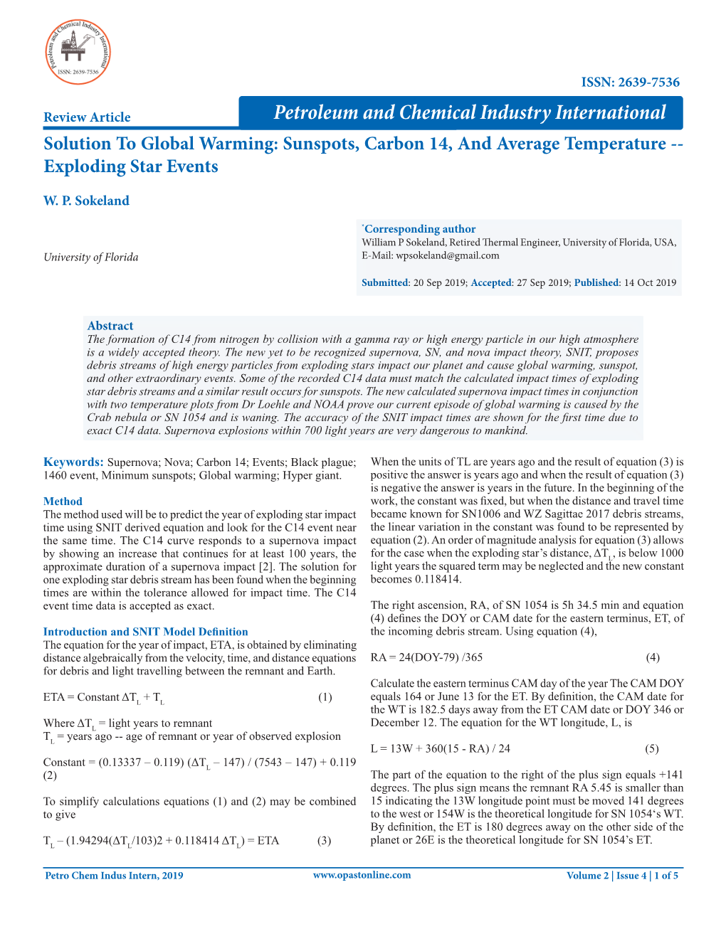 Petroleum and Chemical Industry International Solution to Global Warming: Sunspots, Carbon 14, and Average Temperature -- Exploding Star Events