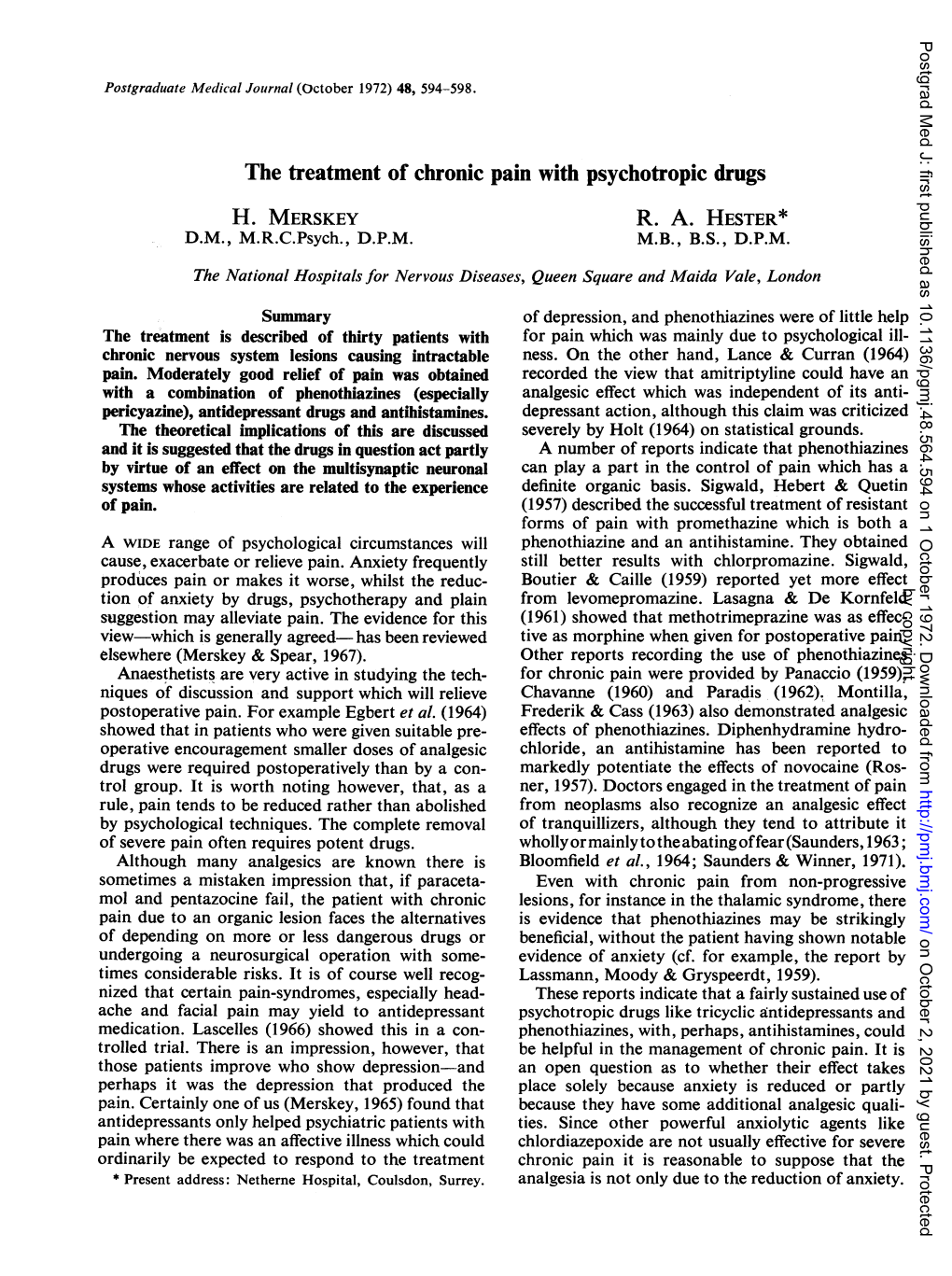 The Treatment of Chronic Pain with Psychotropic Drugs H. MERSKEY R