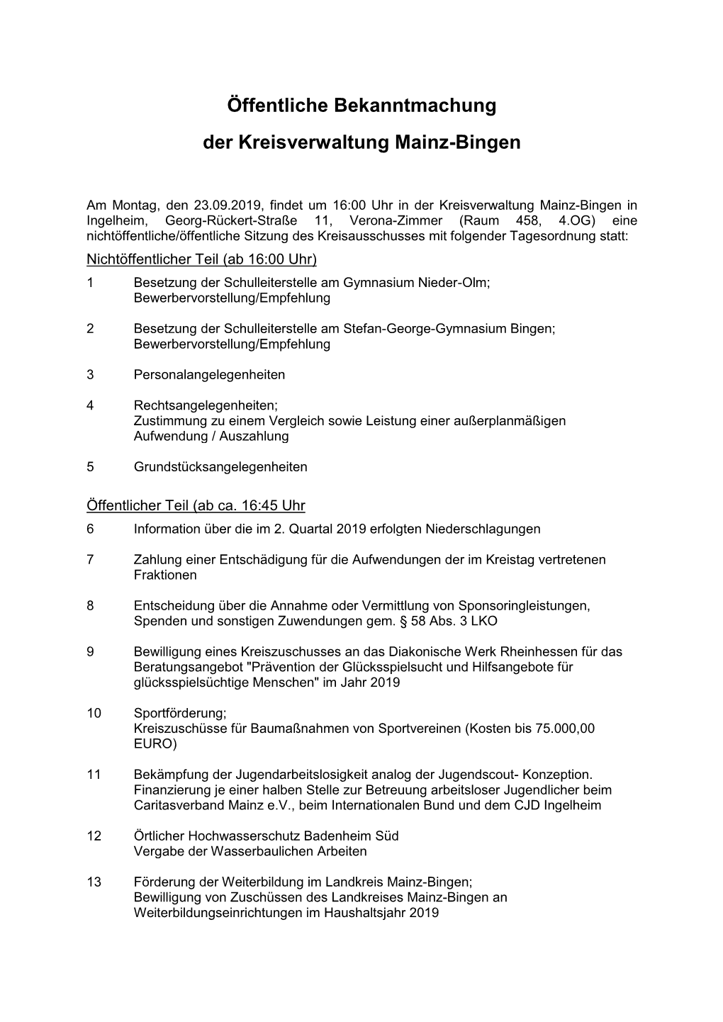 Öffentliche Bekanntmachung Der Kreisverwaltung Mainz-Bingen