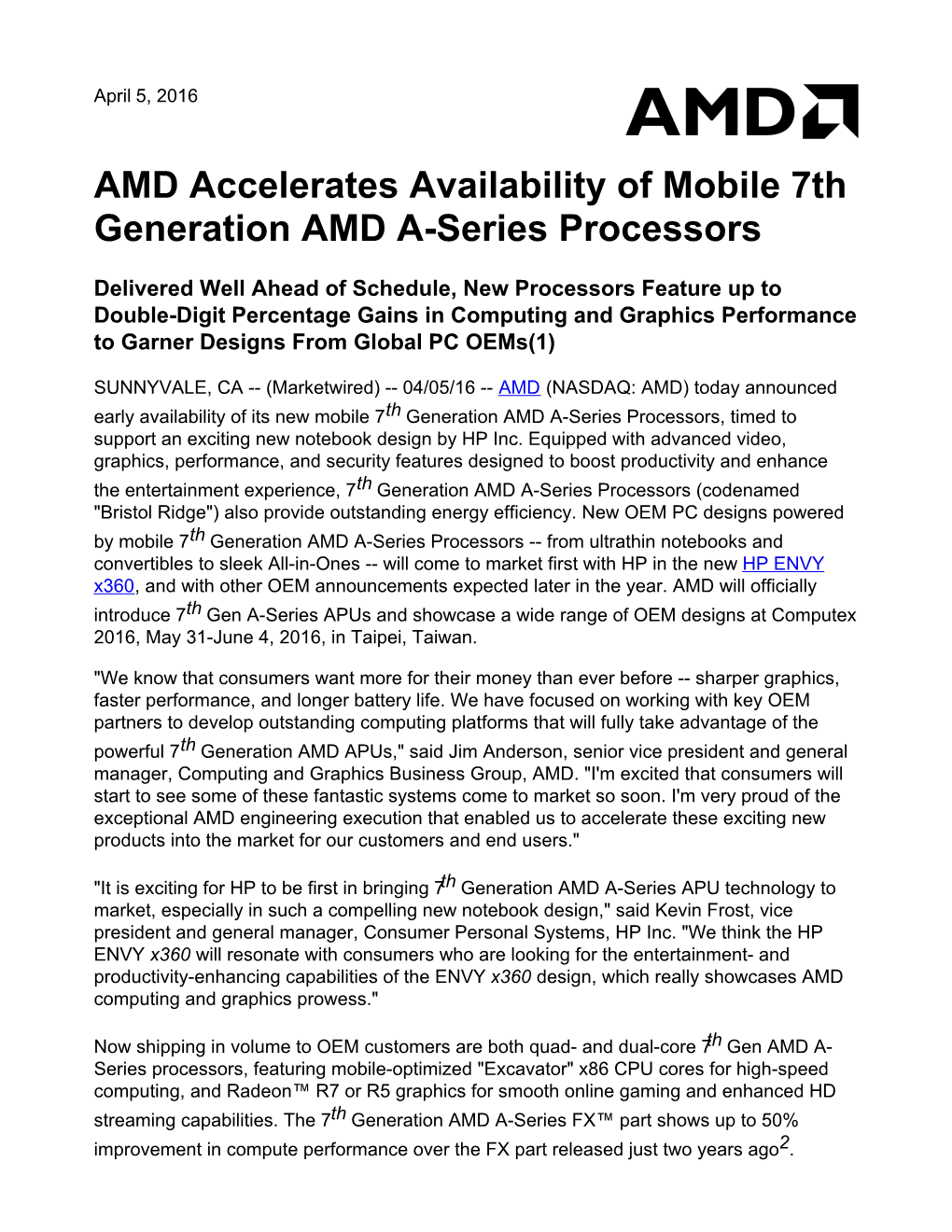 AMD Accelerates Availability of Mobile 7Th Generation AMD A-Series Processors