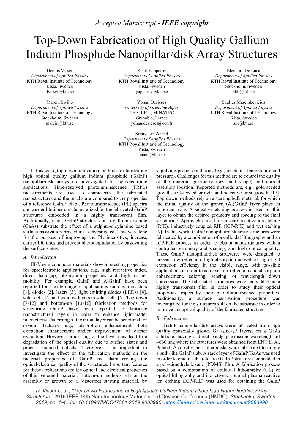 Top-Down Fabrication of High Quality Gallium Indium Phosphide Nanopillar/Disk Array Structures