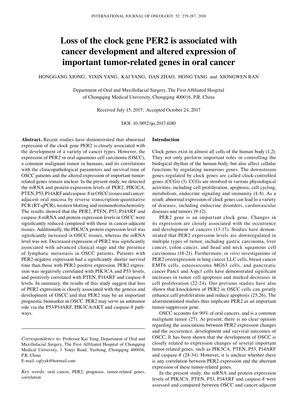 Loss of the Clock Gene PER2 Is Associated with Cancer Development and Altered Expression of Important Tumor-Related Genes in Oral Cancer