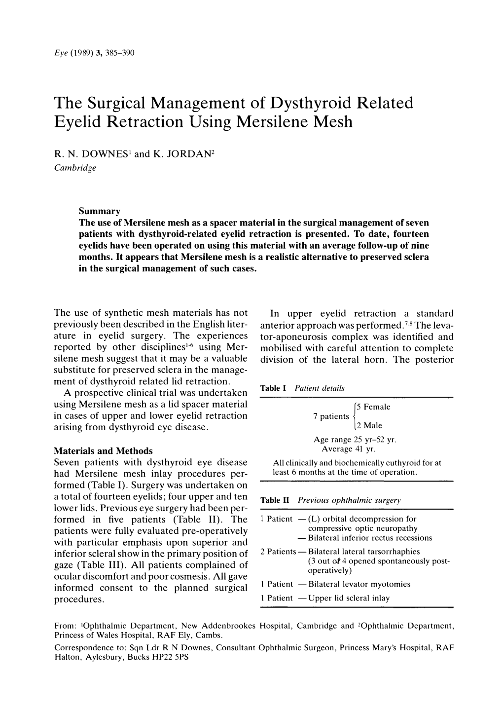 The Surgical Management of Dysthyroid Related Eyelid Retraction Using Mersilene Mesh