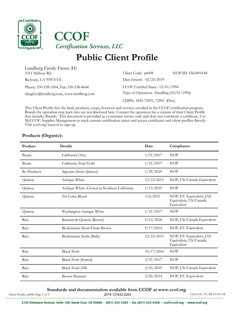 Public Client Profile Lundberg Family Farms (H) 5311 Midway Rd