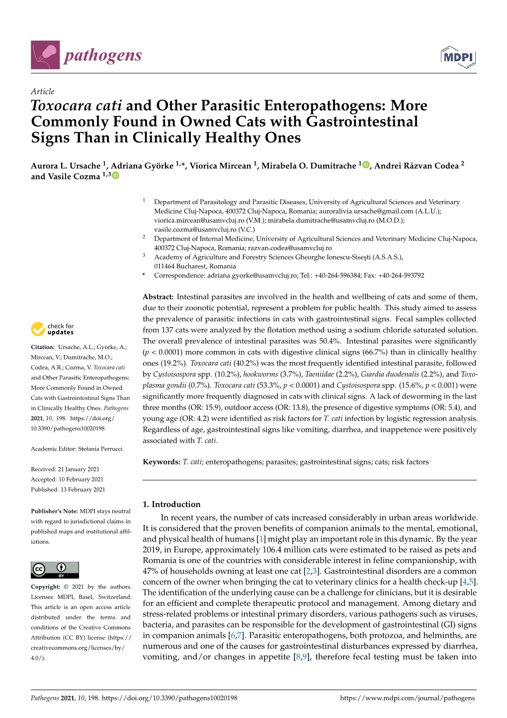 Toxocara Cati and Other Parasitic Enteropathogens: More Commonly Found in Owned Cats with Gastrointestinal Signs Than in Clinically Healthy Ones