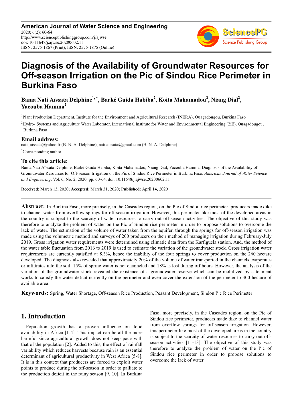 Diagnosis of the Availability of Groundwater Resources for Off-Season Irrigation on the Pic of Sindou Rice Perimeter in Burkina Faso