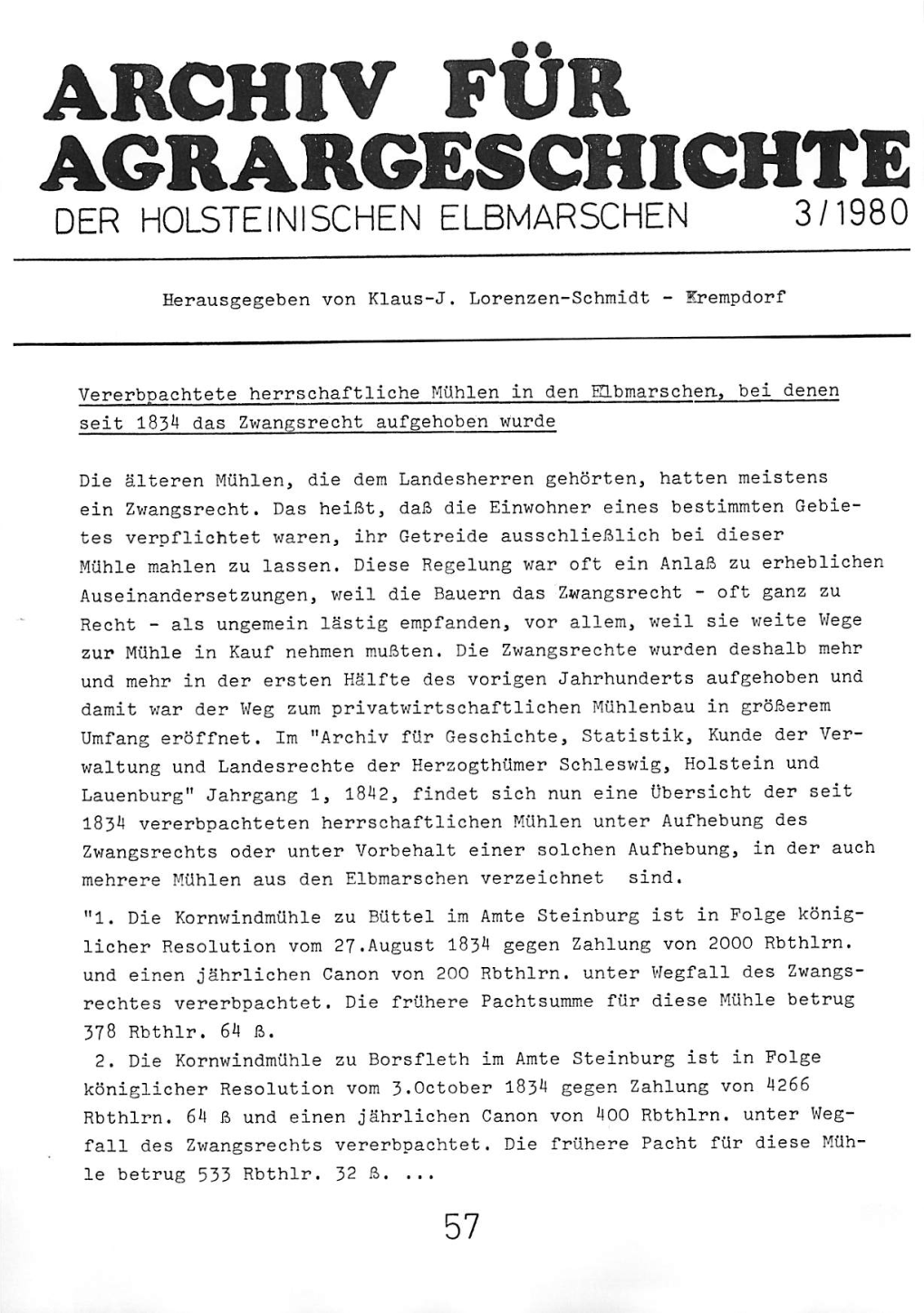 Agrargeschichte Der Holsteinischen Elbmarschen 3/1980