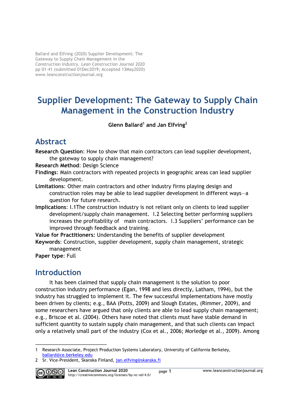 Supplier Development: the Gateway to Supply Chain Management in the Construction Industry