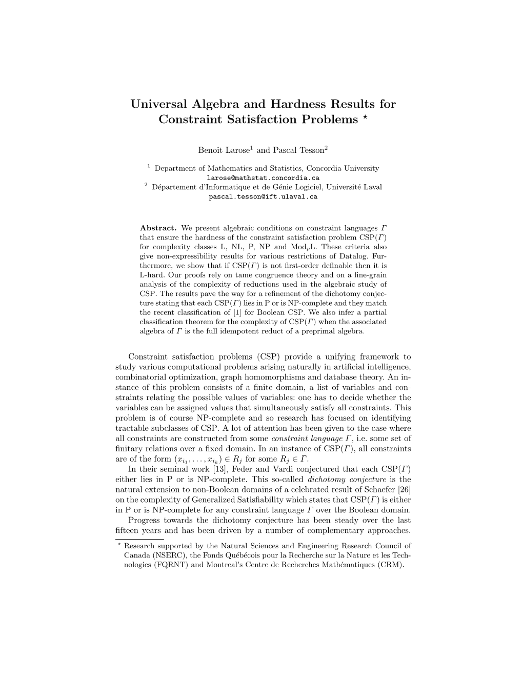 Universal Algebra and Hardness Results for Constraint Satisfaction Problems ?