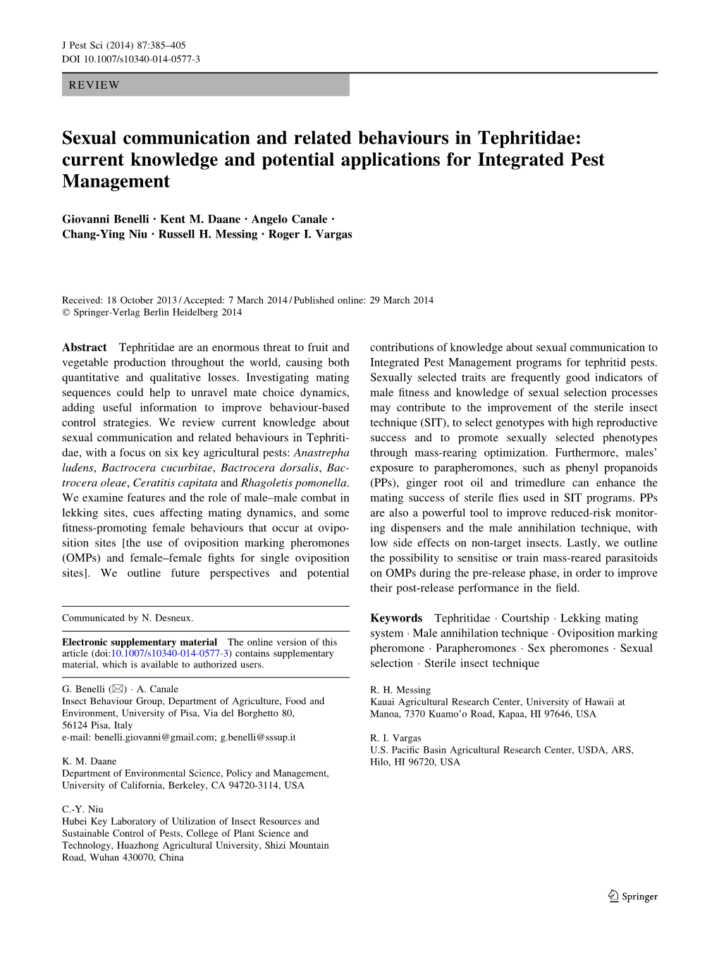 Sexual Communication and Related Behaviours in Tephritidae: Current Knowledge and Potential Applications for Integrated Pest Management