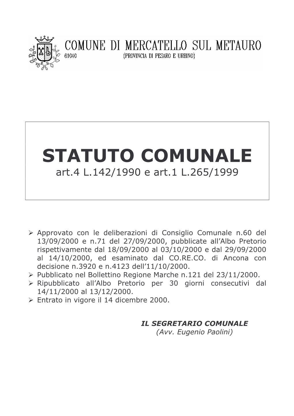 Statuto Del Comune Di Mercatello Sul Metauro