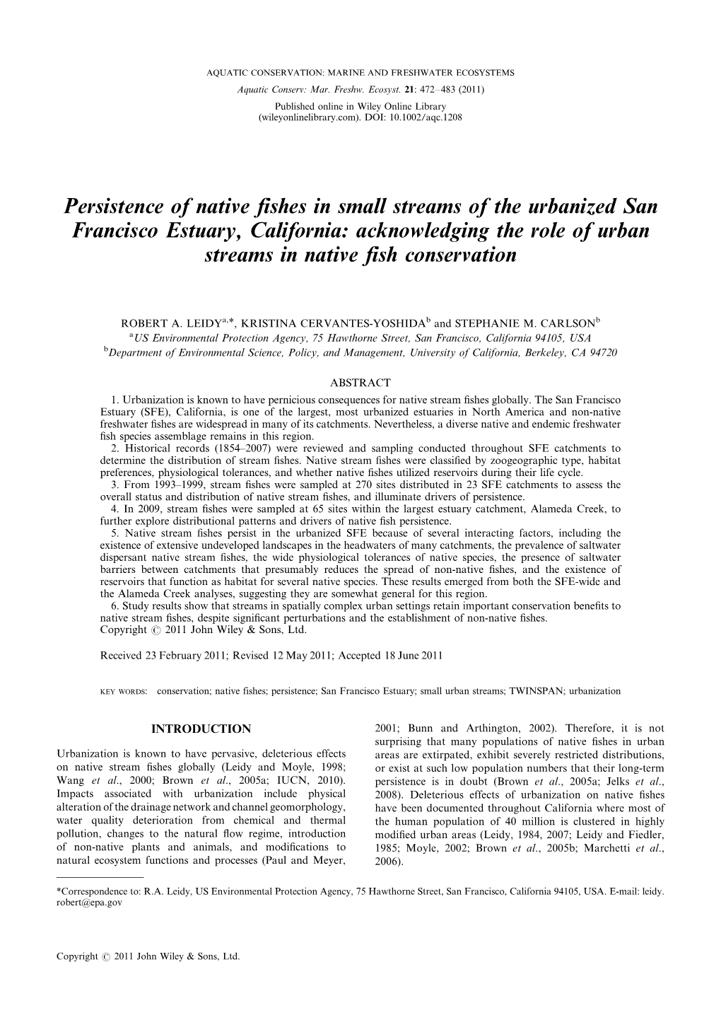 Persistence of Native Fishes in Small Streams of the Urbanized San Francisco Estuary, California: Acknowledging the Role of Urban Streams in Native Fish Conservation