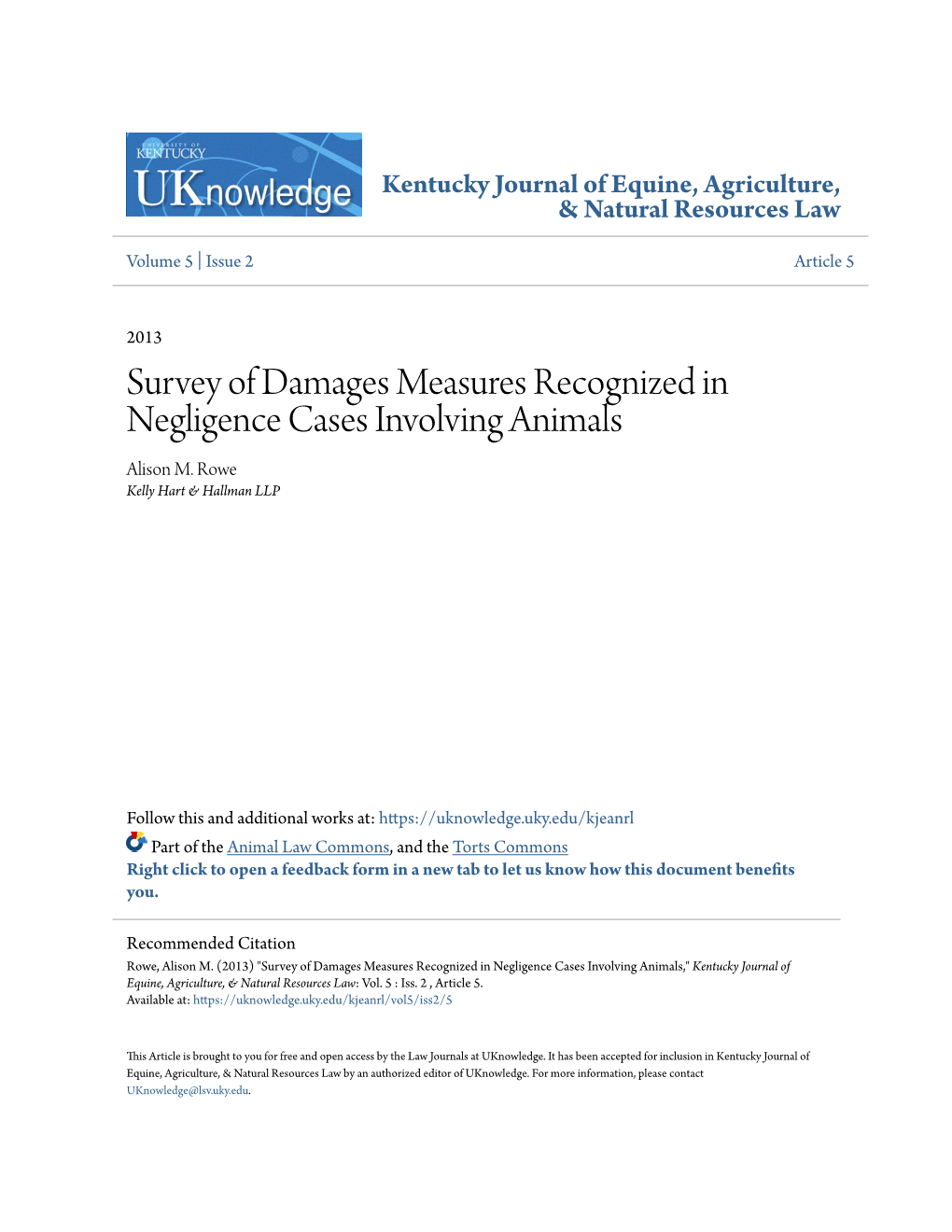 Survey of Damages Measures Recognized in Negligence Cases Involving Animals Alison M