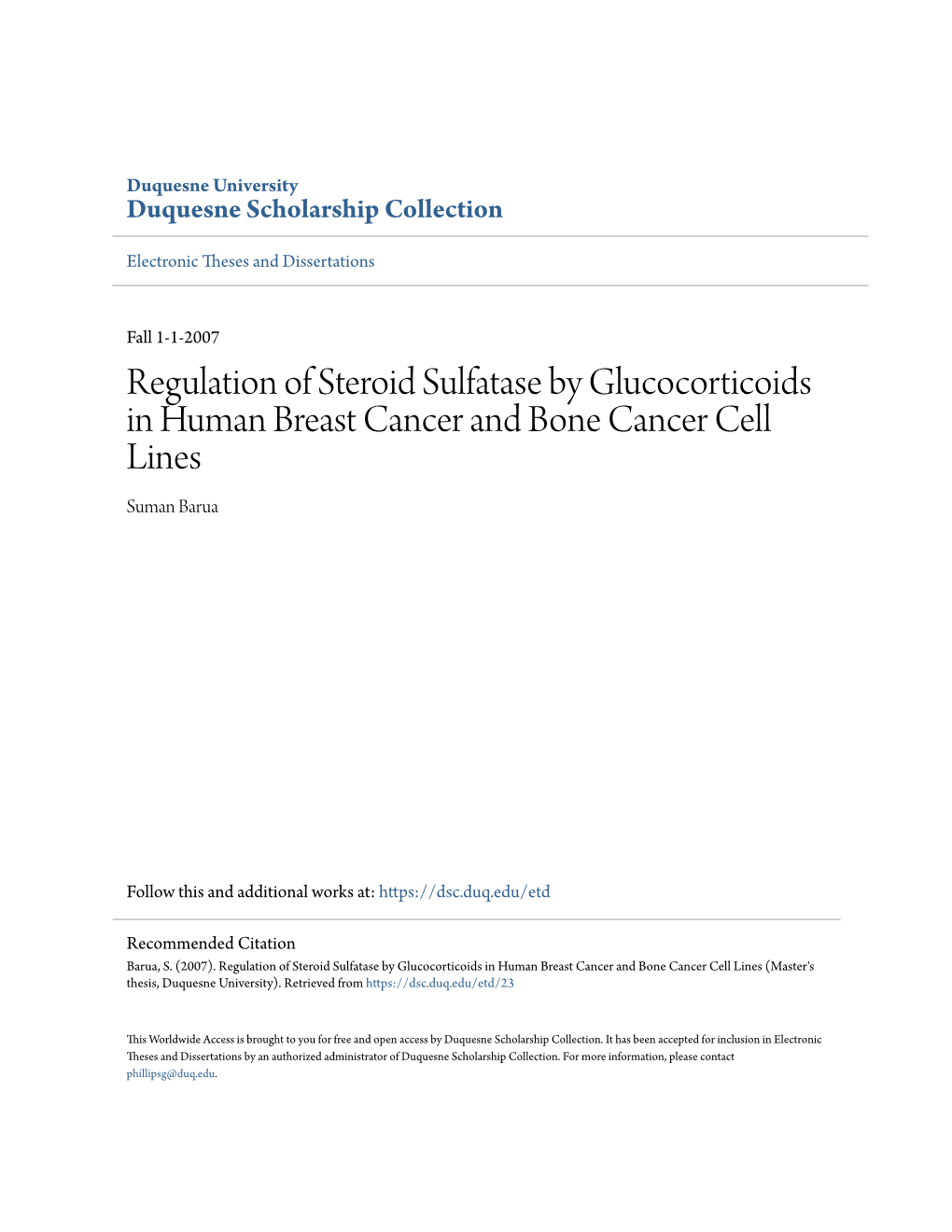 Regulation of Steroid Sulfatase by Glucocorticoids in Human Breast Cancer and Bone Cancer Cell Lines Suman Barua