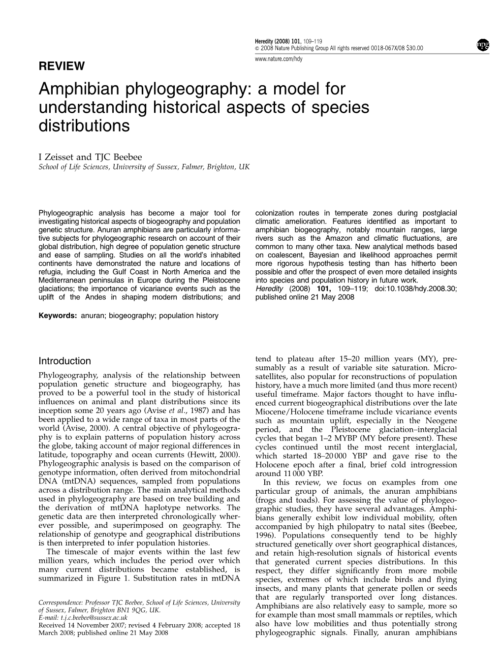 Amphibian Phylogeography: a Model for Understanding Historical Aspects of Species Distributions