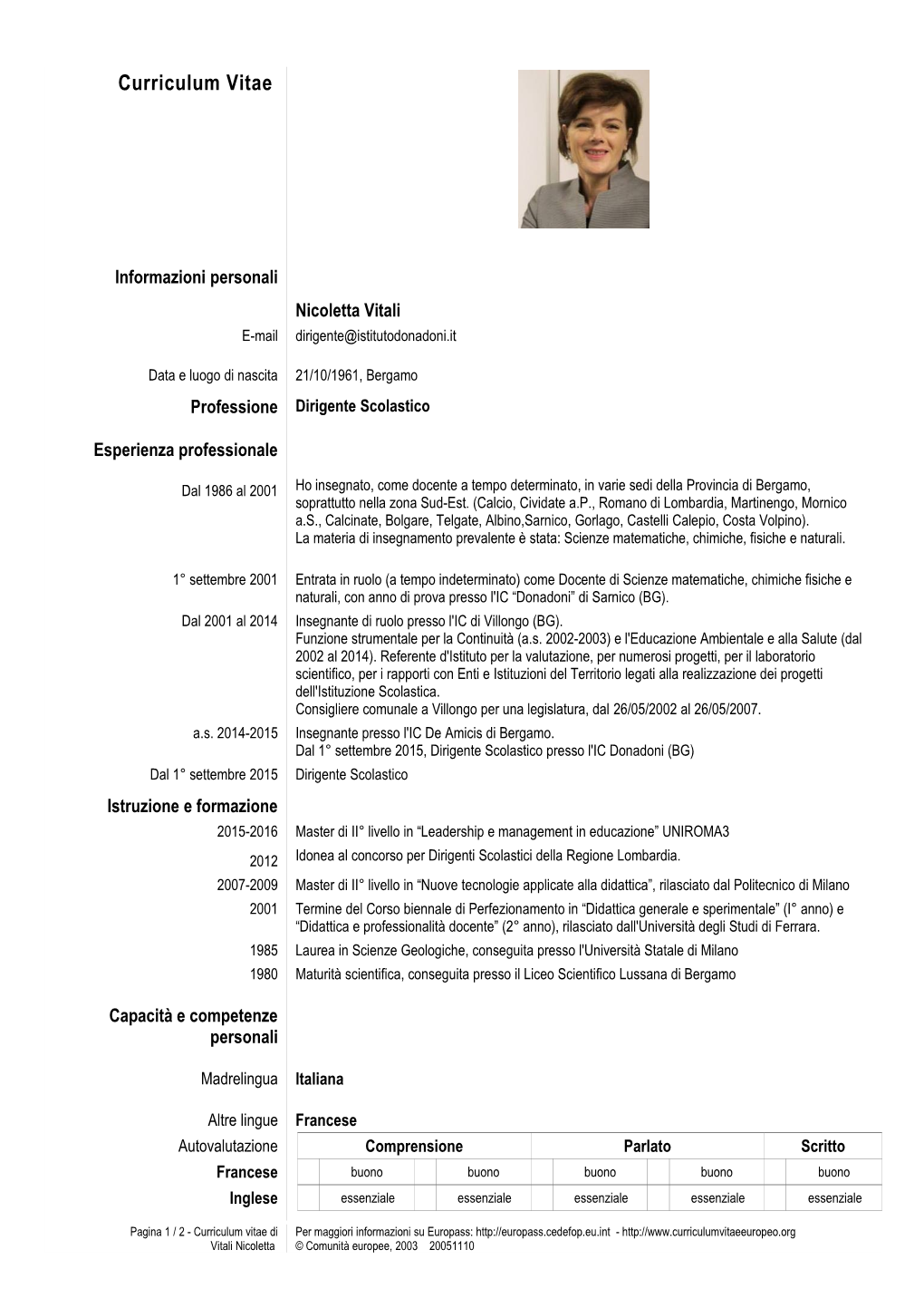 Informazioni Personali Nicoletta Vitali E-Mail Dirigente@Istitutodonadoni.It