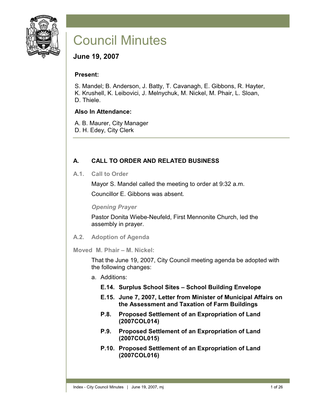 Minutes for City Council June 19, 2007 Meeting