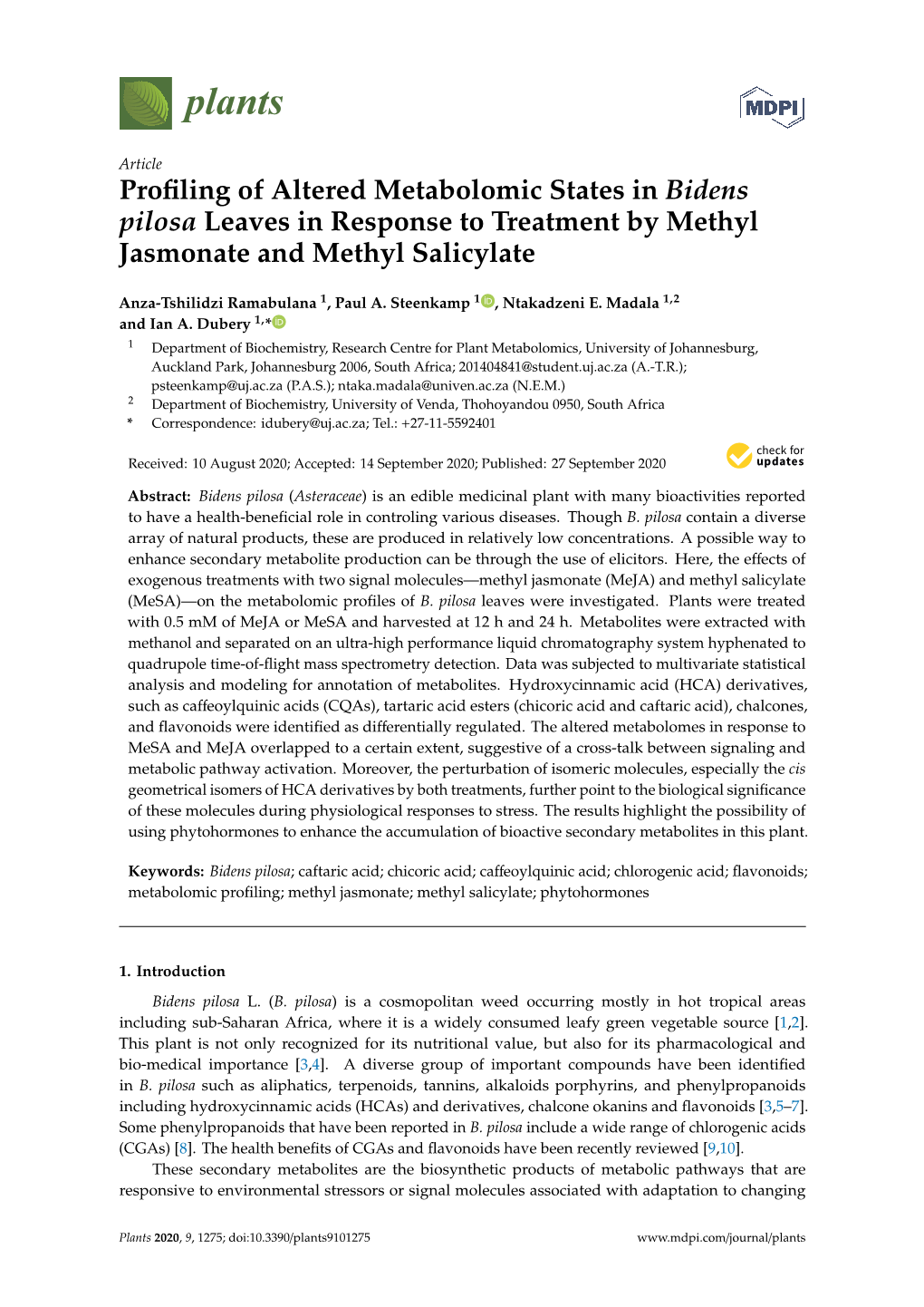 Profiling of Altered Metabolomic States in Bidens Pilosa Leaves In