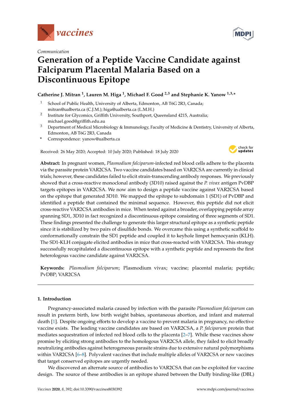 Generation of a Peptide Vaccine Candidate Against Falciparum Placental Malaria Based on a Discontinuous Epitope