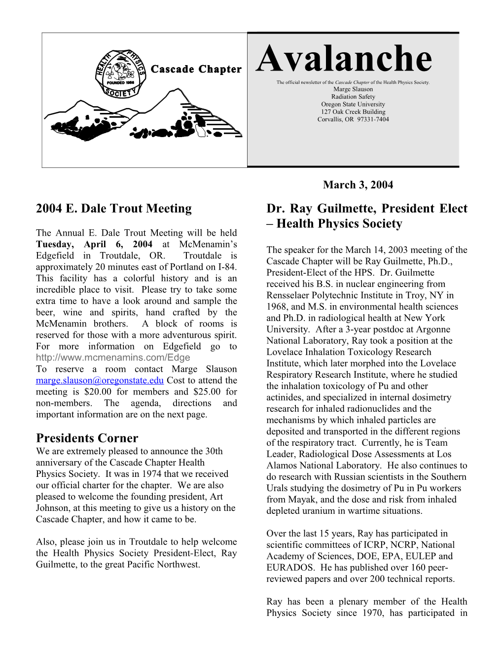 The Official Newsletter of the Cascade Chapter of the Health Physics Society