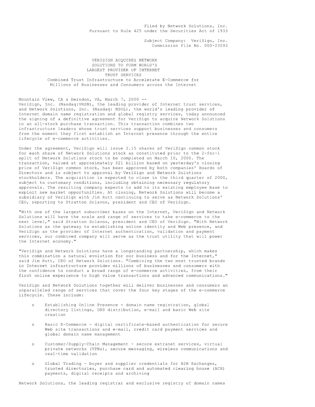 Filed by Network Solutions, Inc. Pursuant to Rule 425 Under the Securities Act of 1933