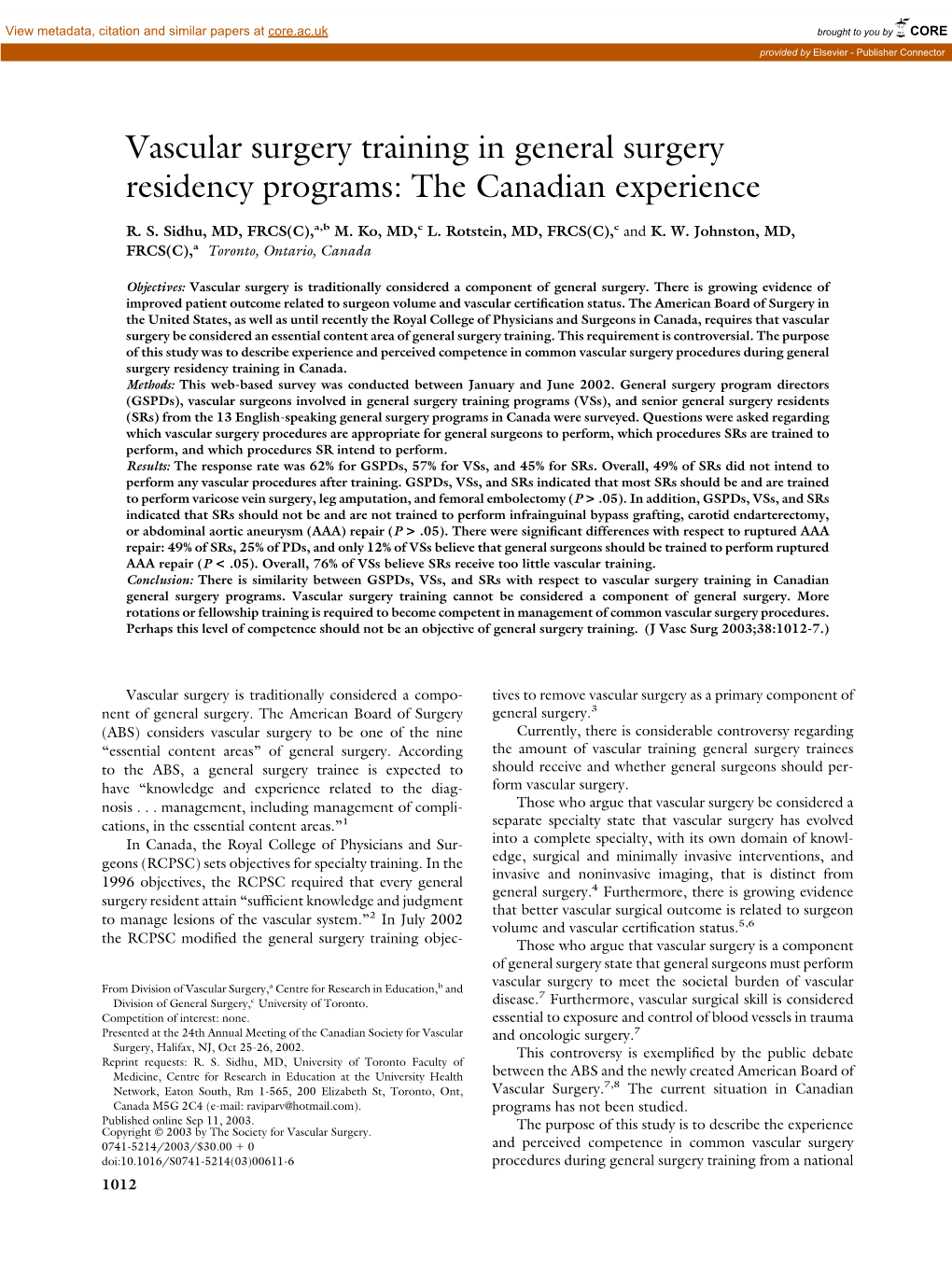 Vascular Surgery Training in General Surgery Residency Programs: the Canadian Experience
