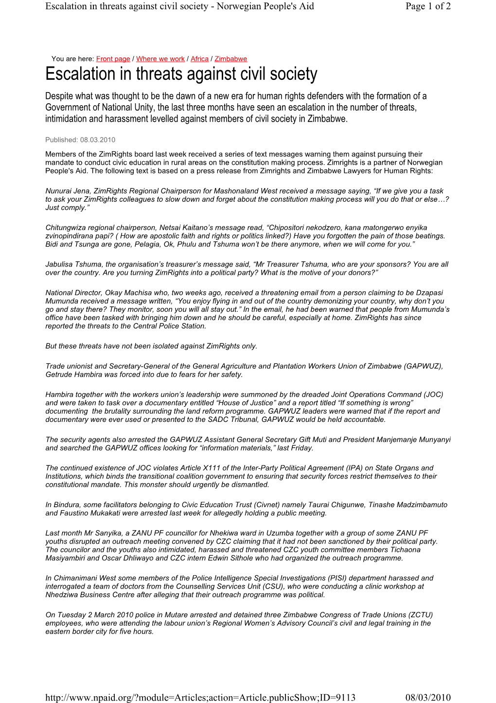 Escalation in Threats Against Civil Society - Norwegian People's Aid Page 1 of 2