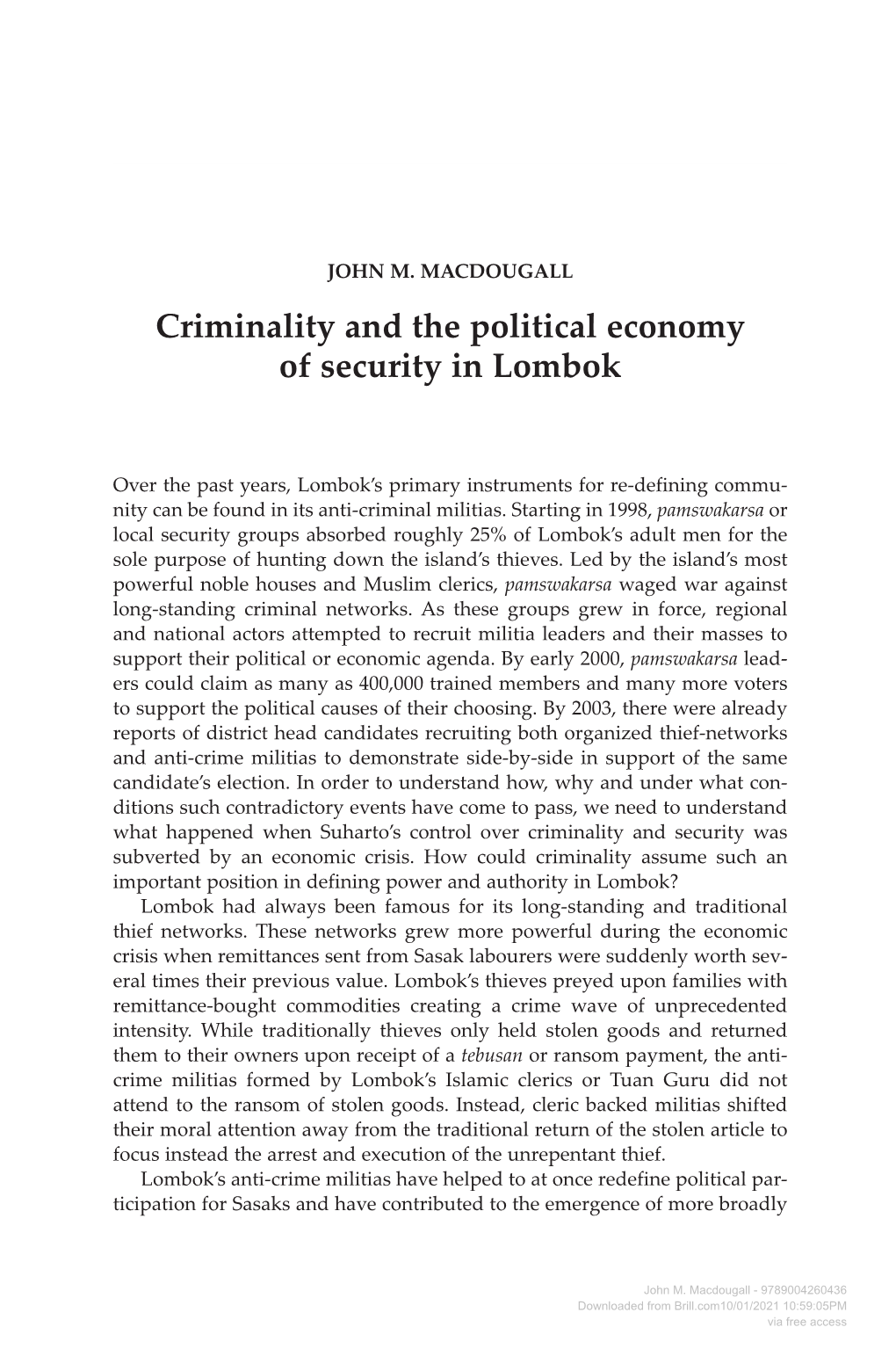 Criminality and the Political Economy of Security in Lombok