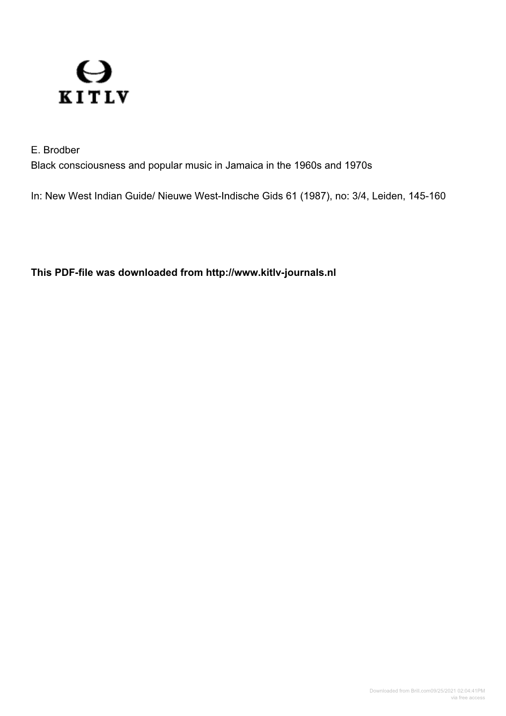 E. Brodber Black Consciousness and Popular Music in Jamaica in the 1960S and 1970S