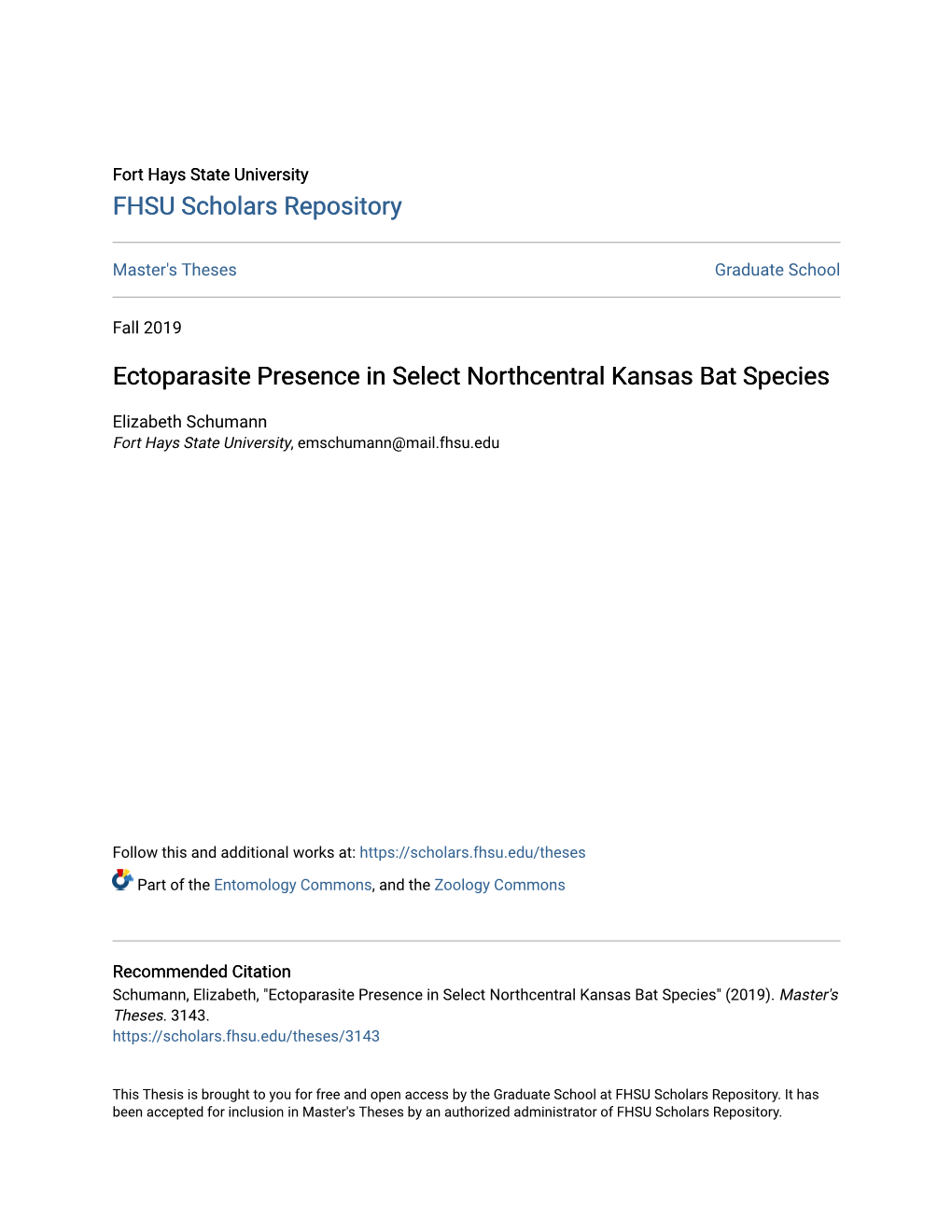 Ectoparasite Presence in Select Northcentral Kansas Bat Species