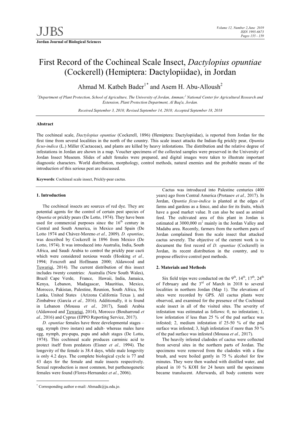 First Record of the Cochineal Scale Insect, Dactylopius Opuntiae (Cockerell) (Hemiptera: Dactylopiidae), in Jordan