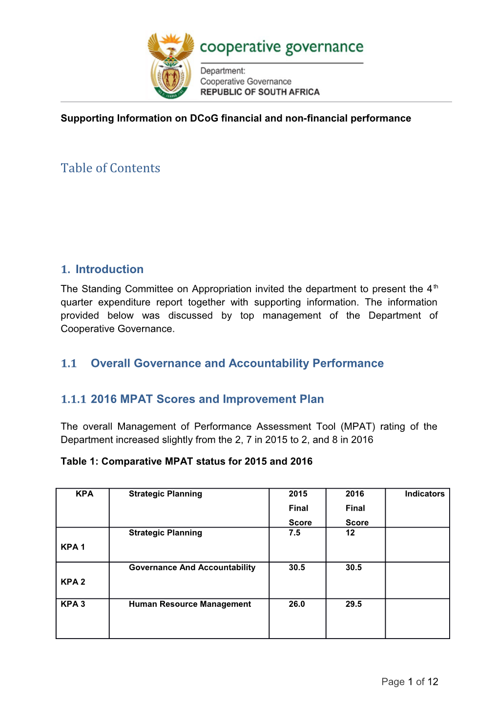 Supporting Information on Dcog Financial and Non-Financial Performance