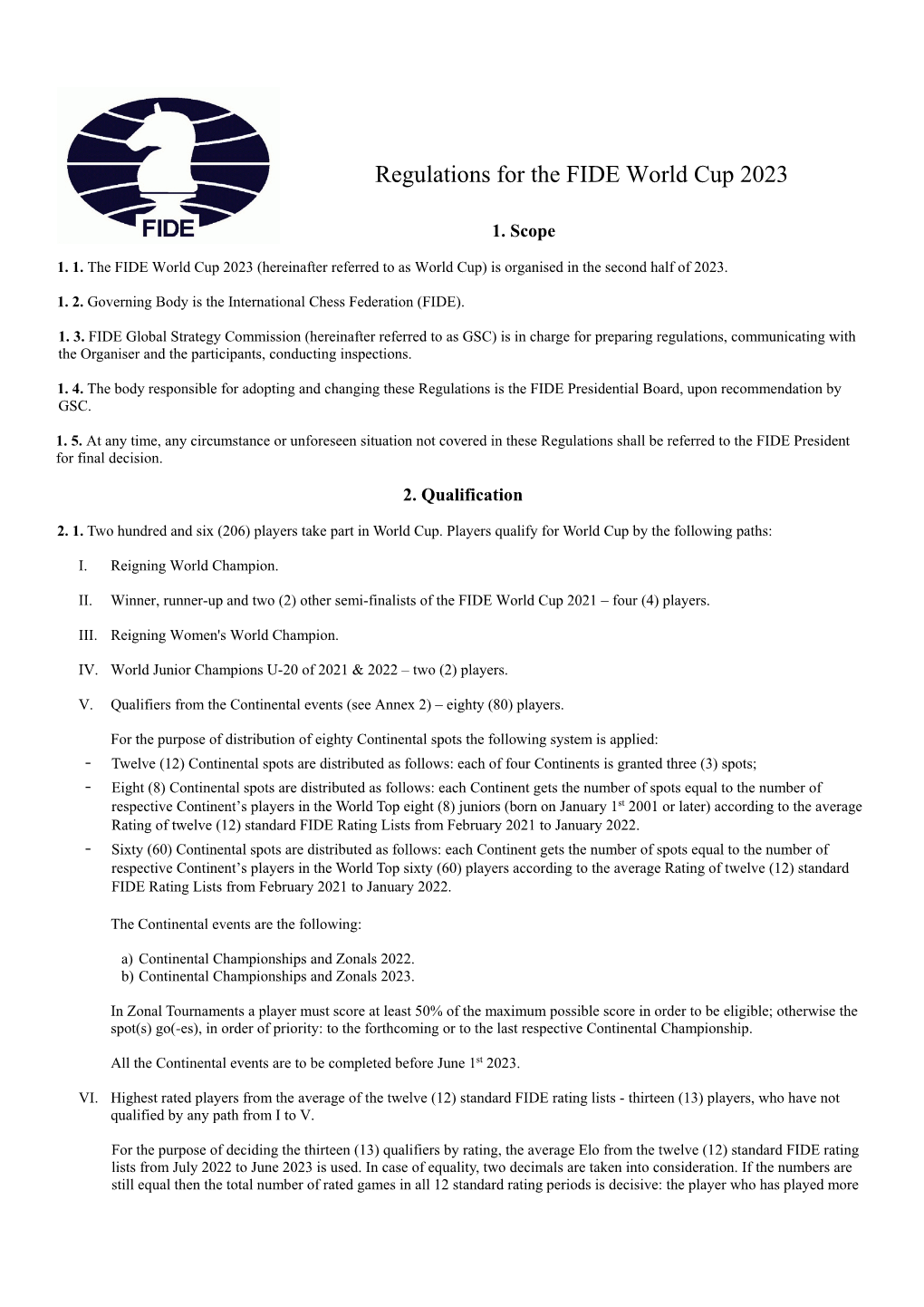 Regulations for the FIDE World Cup 2023